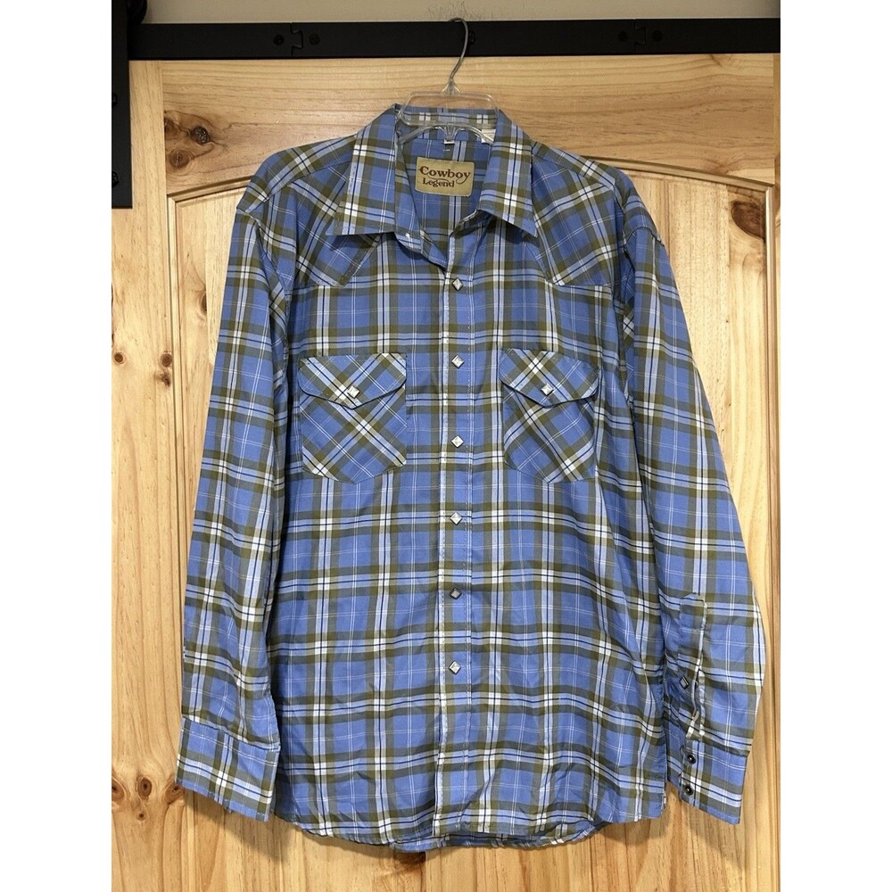 Cowboy Legend Men’s Western Long Sleeve Shirt Blue Green Plaid Pearl Snaps XL